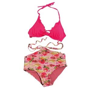 Victorias Secret & Malai 2 Piece Fish Floral‎ Strappy Swimsuit Top 32C Bottoms M